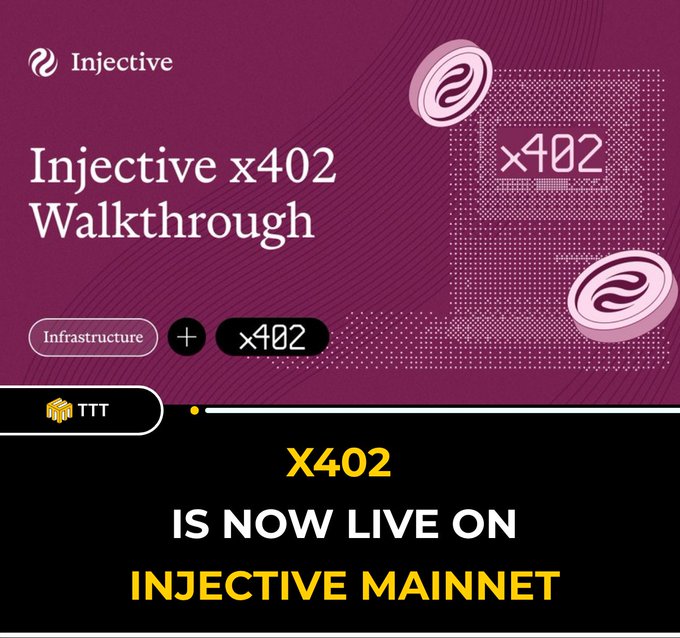 The image features a purple background with white text that reads "Injective X402 Walkthrough". Below this, there are two circles with a pink border, one of which has a number "42" written on it. The rest of the image is black and white, but the main focus is on the text above the circles.