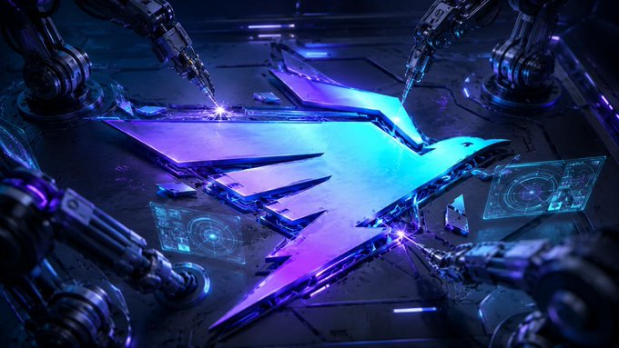 A futuristic digital artwork featuring a glowing purple and teal lightning bolt emblem being assembled by robotic arms with holographic displays.