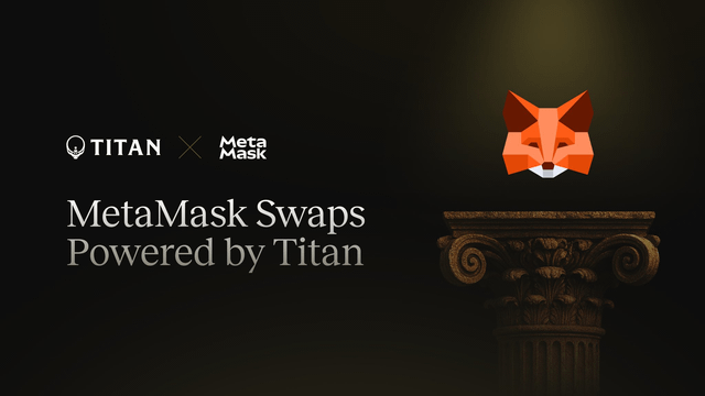 The image features a banner with an orange fox head, which appears to be made of paper or cardboard. Below the fox head, there are two lines of text that read "Titan Exchange Joins MetaMask Swaps for Native Solana Trading". The background of the image is black and it has a light source shining on the top right corner, creating a spotlight effect.
