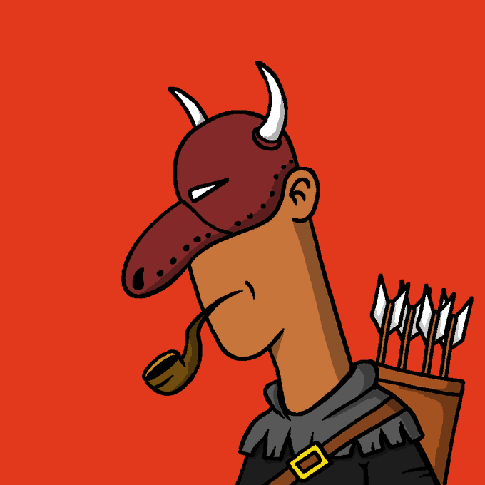 A cartoon illustration of a man wearing a red horned mask, smoking a pipe, with arrows in a quiver on his back, against a red background.