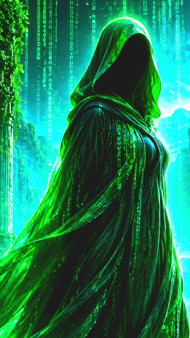 A hooded, faceless figure in a flowing green cloak stands against a digital background of cascading green code reminiscent of the Matrix, evoking a cyber-themed deity or guardian.