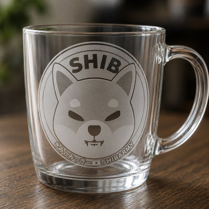 The image features a glass mug sitting on top of a wooden table. The mug has a unique design featuring a white Shiba Inu dog face, which is etched onto its surface. The mug also displays the text "SHIB" written on it in Japanese. The mug's design and the accompanying post suggest that it might be an item for sale or a gift, possibly related to Japanese culture or Shiba Inu dogs.