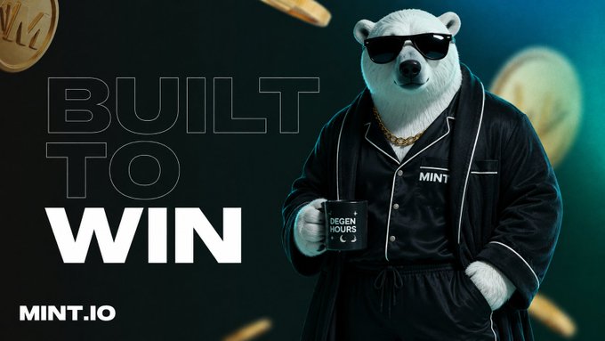 A promotional banner for mint.io features a polar bear wearing sunglasses, a gold chain, and a black robe labeled 'MINT', holding a mug reading 'DEGEN HOURS', with the tagline 'BUILT TO WIN' beside floating gold coins.