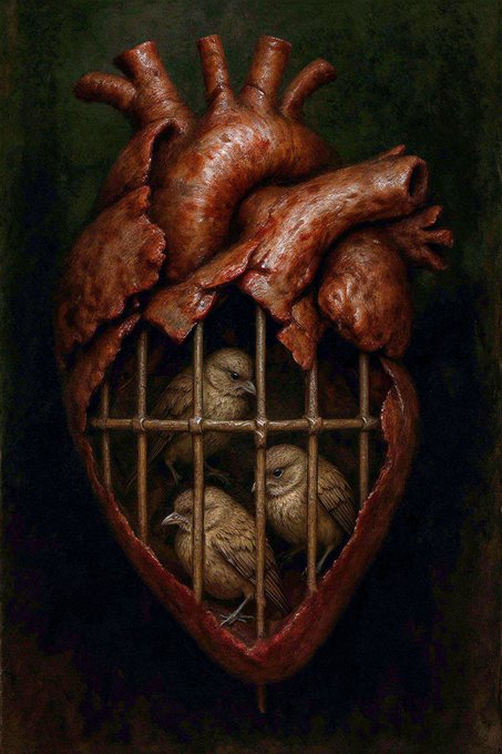 A dark, surreal artwork depicting an anatomical heart with birds trapped inside its chamber behind cage-like bars.