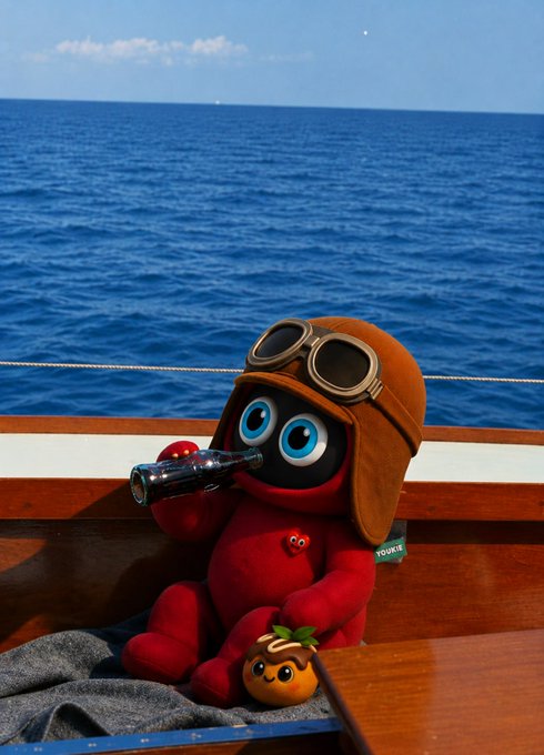 A "Youkie" branded plush toy wearing a brown aviator cap and goggles enjoys a refreshing drink at sea, perfectly embodying the quote's wisdom—taking a moment to notice and appreciate the simple, obvious pleasures of a beautiful ocean view that often go unseen.