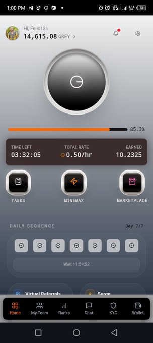 A smartphone screenshot of a crypto mining app showing a user named 'Felix121' with a balance of '14,615.08 GREY', an 85.3% mining progress bar, and a total rate of '0.50/hr'.