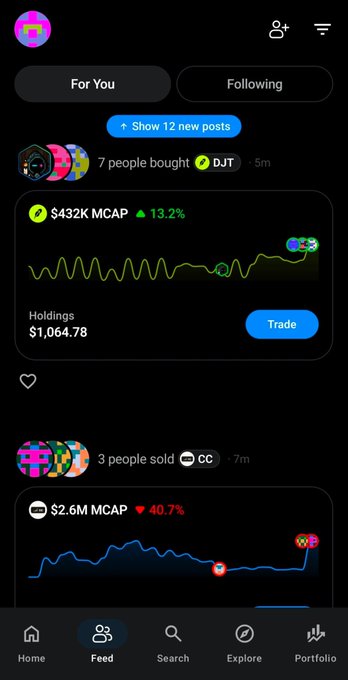 A trading app feed showing '7 people bought ☘ DJT' with DJT at $432K MCAP and 13.2% gain, plus '3 people sold ☘ CC' at $2.6M MCAP and 40.7% loss.