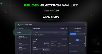 The image shows a promotional graphic for "BELDEX ELECTRON WALLET Version 7.1.0 LIVE NOW," featuring a screenshot of the wallet's interface with a "Swap" tab highlighted in green and an official wallet balance of $590,897.98 displayed in USD. The screenshot illustrates the integrated swap functionality referenced in the post, demonstrating how users can access cryptocurrency exchange features directly within the wallet rather than navigating to external sites.