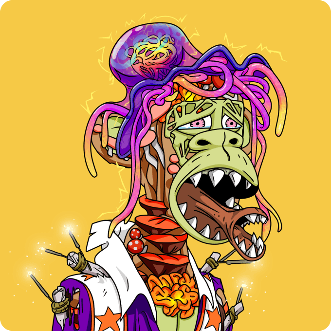 A grotesque cartoon illustration features a monster with a purple jellyfish-like creature on its head, a skeletal face with sharp teeth, and exposed intestines, set against a yellow background.
