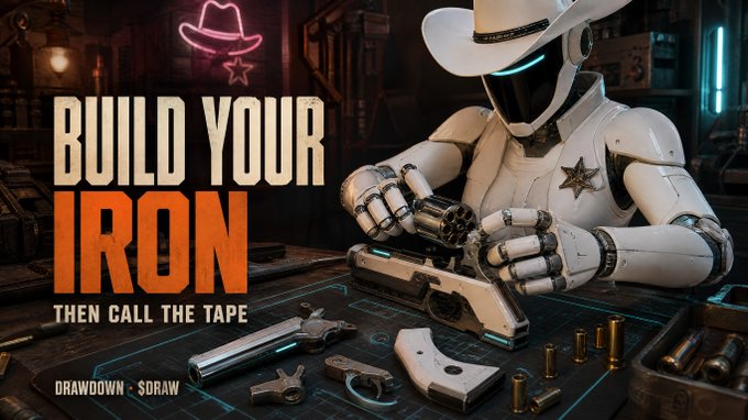 A western-themed graphic showing a robot in a cowboy hat with a sheriff star, working at a workbench with gun parts and the text 'BUILD YOUR IRON THEN CALL THE TAPE' from DRAWDOWN x SDRAW.