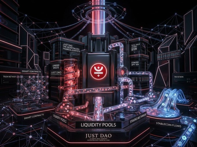 A futuristic digital illustration of the JUST DAO decentralized financial ecosystem, showing interconnected components labeled 'LIQUIDITY POOLS', 'STAKING REWARDS', 'STABLECOIN FLOWS', 'SMART CONTRACTS', and 'TRON NETWORK' with neon red and blue lighting.