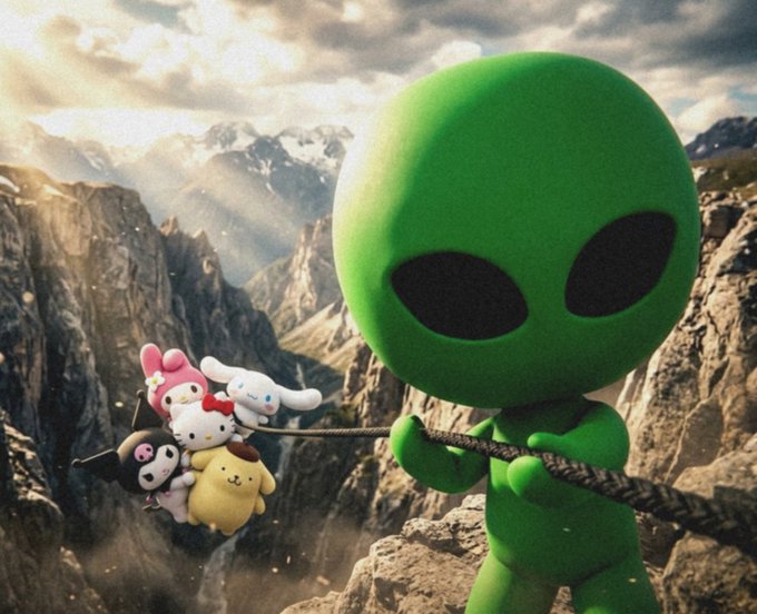 A 3D-rendered green alien figure holds a rope from which several Sanrio character plushies, including My Melody, Hello Kitty, Cinnamoroll, Kuromi, and Pompompurin, are suspended against a dramatic mountainous landscape.