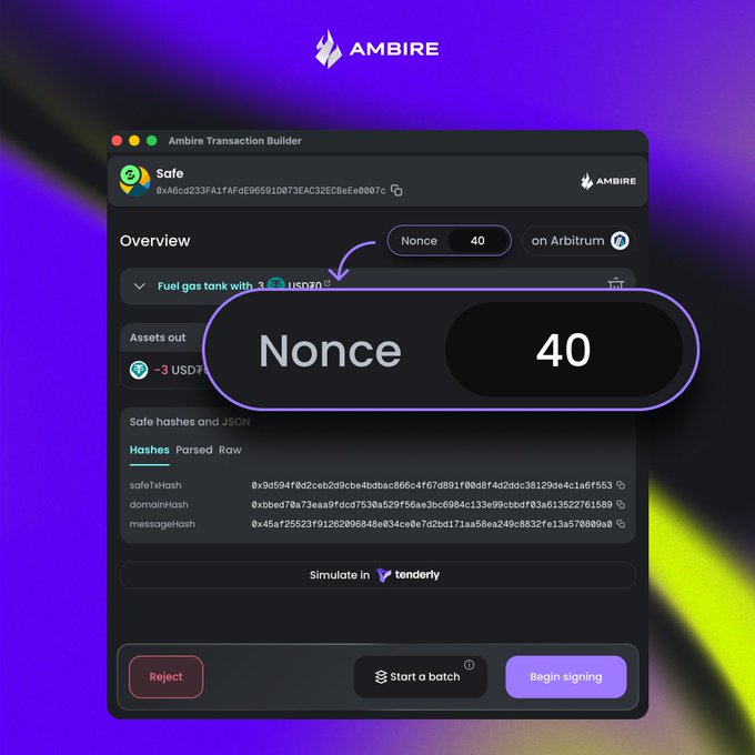 A screenshot of the Ambire Transaction Builder highlights a new feature allowing users to set a custom Nonce (shown as 40) on Safe accounts, linked to the Arbitrum network, with the Ambire Transaction Builder interface showing Safe hashes, asset details (-3 USDT), and options to simulate, reject, or begin signing the transaction.