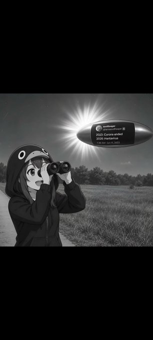 A black-and-white anime-style illustration of a hooded character with 'O' on the hood looking through binoculars at a glowing bullet inscribed with 'Death Note - Shinigami Eyes 2020 corona ended 2020 Heatwave 17/08/20 to 01/08/2022'.