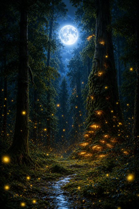 A winding forest path glows with golden lights and leads toward a massive moonlit tree under a luminous full moon. The scene evokes the enchanted, moonlit atmosphere of the shared "Your Moon Art" post.