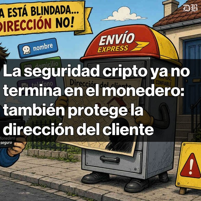 An illustration overlaid with the Spanish headline "La seguridad cripto ya no termina en el monedero: también protege la dirección del cliente," showing a map labeled "Dirección del cliente" being delivered via "ENVÍO EXPRESS."