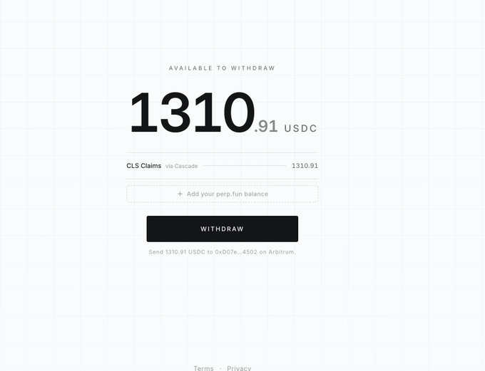 Withdrawal interface screen showing 'AVAILABLE TO WITHDRAW' of 1310.91 USDC via CLS Claims through Cascade, with a black WITHDRAW button and instructions to send USDC to 0x0D7e...4502 on Arbitrum.