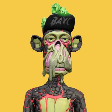 A melting green ape character wearing a black hat labeled "BAYC" is centered against a bright yellow background, with pink lava-like cracks running through its rocky body. The image visually nods to the Bored Ape Yacht Club ("BAYC") referenced in the post, contrasting the ape NFT collection with the "Pixel Pups" being promoted as a superior alternative.