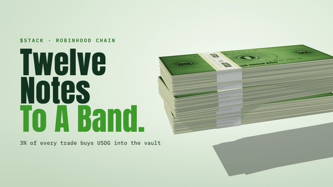 A promotional graphic for $STACK on Robinhood Chain featuring stacks of banded $100 bills beside bold text reading "Twelve Notes To A Band," explaining that 3% of every trade purchases USDG into a public vault. The image visually reinforces the "twelve notes" analogy by displaying actual strapped stacks of cash, symbolizing how trades are broken down into USDG-backed contributions.