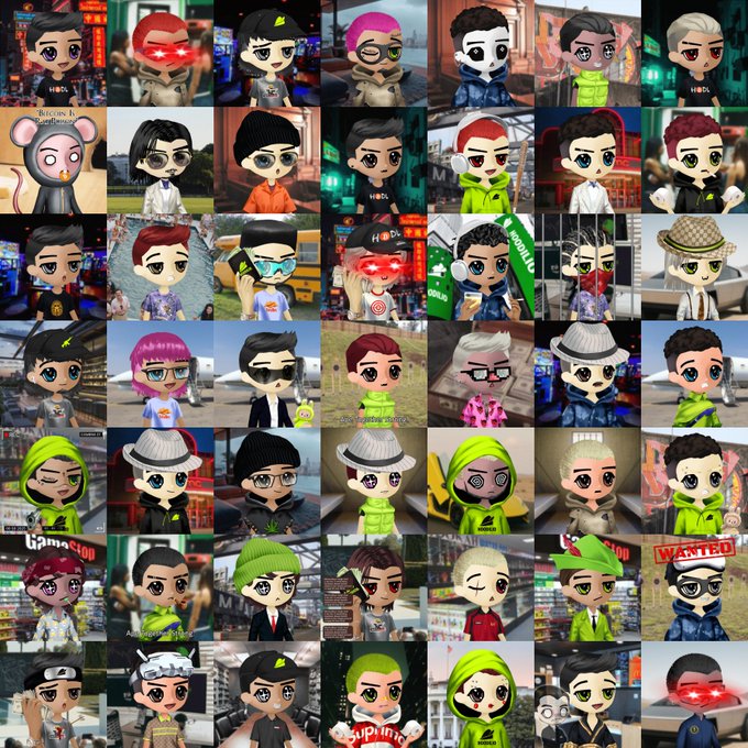 A grid of chibi-style cartoon avatars in various outfits and colors represents the Hoodilio NFT collection on the Robinhood Chain, with one tile displaying a "GameStop" sign and another showing a "WANTED" poster, while the accompanying post announces the collection's migration to a new Robinhood contract with free airdrops and claims.