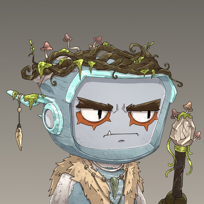 A digital illustration depicts a character with a television for a head, adorned with vines and mushrooms, holding a stone-topped staff wrapped in green slime.