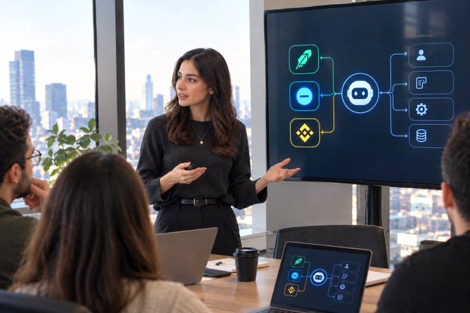 A woman in a dark sweater presenting to a small group in a modern office, gesturing toward a large screen displaying a workflow diagram with cryptocurrency icons connecting to a central AI/chatbot hub. A laptop on the table mirrors the diagram.