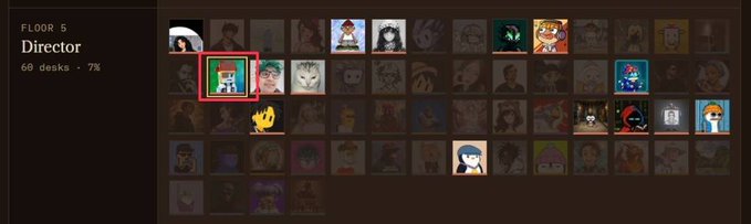 Screenshot showing a floor/seat selection interface labeled 'FLOOR 5 Director' with '60 desks · 7%' and a grid of cartoon character avatars where one pixel-art character is highlighted with a red border.