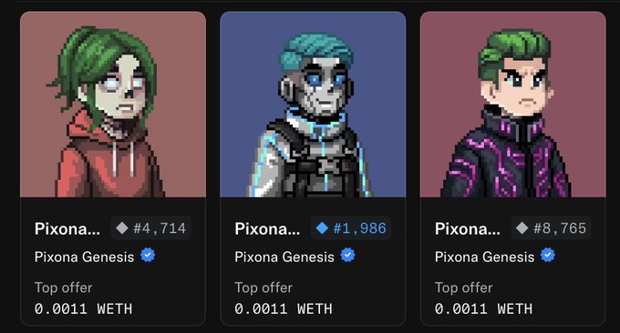 Three pixel-art NFT portraits from the Pixona Genesis collection (#4,714, #1,986, and #8,765) are displayed with top offers of 0.0011 WETH each.