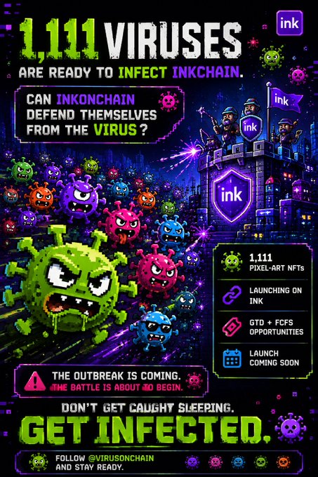 A vibrant promotional graphic for a pixel-art NFT collection titled '1,111 VIRUSES ARE READY TO INFECT INKCHAIN,' featuring cartoonish virus characters attacking a castle defended by 'ink' characters.