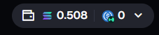 A digital wallet interface showing a balance of '0.508' for one cryptocurrency and '0' for another, represented by a dollar sign icon with a green frog.