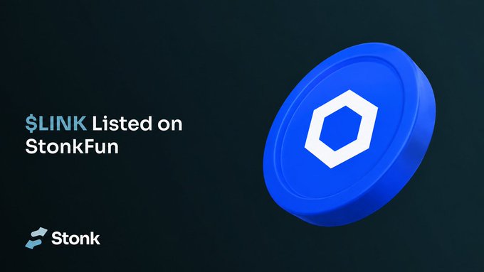 The image features a blue 3D coin displaying the Chainlink hexagon logo alongside text announcing "$LINK Listed on StonkFun," with the Stonk branding in the corner, promoting the new ability to launch tokens paired with Chainlink ($LINK) on the StonkFun platform.
