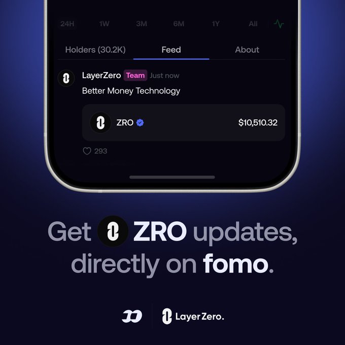 A promotional graphic for LayerZero (ZRO) now being live on the fomo app, featuring a phone screenshot showing the ZRO feed with the latest post "Better Money Technology" valued at $10,510.32 and 293 likes, alongside the tagline "Get ZRO updates, directly on fomo."