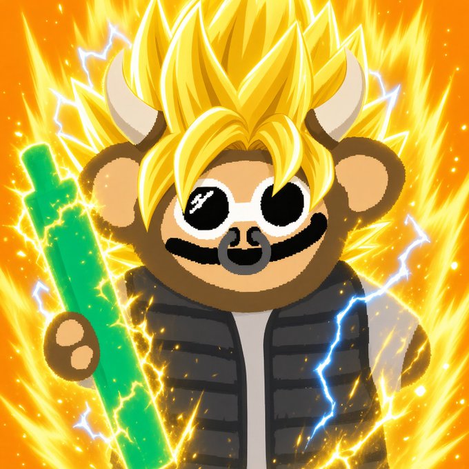 An animated illustration of a brown teddy bear with spiky yellow anime-style hair, wearing sunglasses and a black vest, holding a green glowing bat against a fiery orange background with lightning.