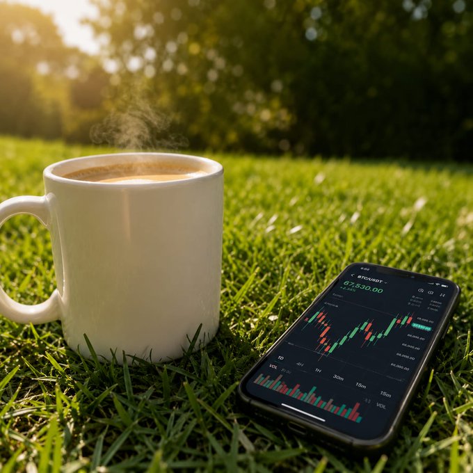 A steaming white mug sits on grass next to a smartphone displaying a cryptocurrency chart with a price of '67,930.00'.