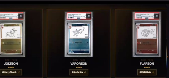 Three Pokemon TCG cards displayed as winners: Jolteon (@HarryCheoil), Vaporeon (@SurferTin), and Flareon (@XXDMeis), each in PSA slabs with holographic sketch artwork.