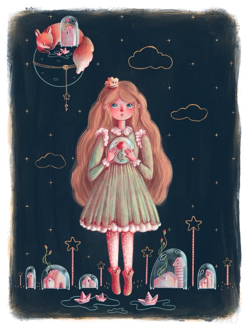 A whimsical illustration of a young girl with long hair and a small creature on her head, holding a glass sphere, standing among tiny houses, stars, and floating clouds against a dark background.