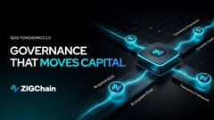 The image features a promotional graphic with the headline "GOVERNANCE THAT MOVES CAPITAL" and the ZIGChain logo, alongside visual icons representing tokenomics elements like community, ecosystem, and token concepts. It complements the post by illustrating how ZIGChain's governance-driven tokenomics model channels buyback revenue into strategic decisions like burn votes, tying the visual theme of capital movement to the post's discussion of Tokenomics 2.0.