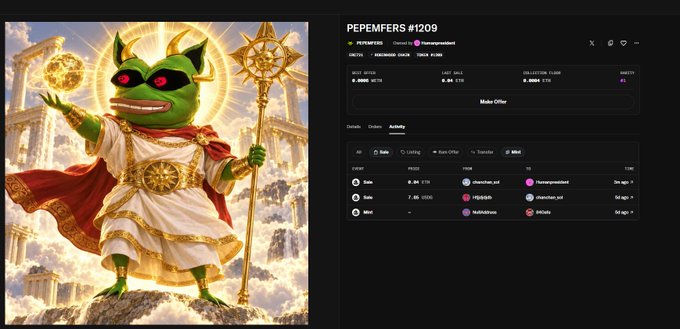 A website interface titled 'PEPEMFERS #1209' displaying an NFT listing with a character named 'PEPEMFERS' depicted as a green creature wearing a white robe and red cape, holding a staff and golden orb, with offer history and asset stats visible.