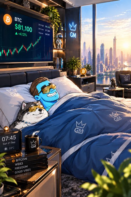 A digital artwork showing a stylized blue-skinned character and a husky dog both wearing sunglasses, lying in a bed with 'GM' (Gambit) branded bedding. The room features a city skyline and a TV displaying 'BTC $81,100 +4.12%' with candlestick charts, along with books labeled 'BITCOIN', 'WEB3', 'FREEDOM', and 'GOOD VIBES'.