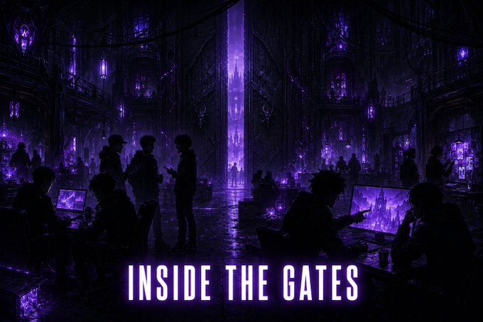Dark purple-toned digital artwork titled 'INSIDE THE GATES' depicting silhouetted figures working at glowing computer stations in a large gothic-style hall.