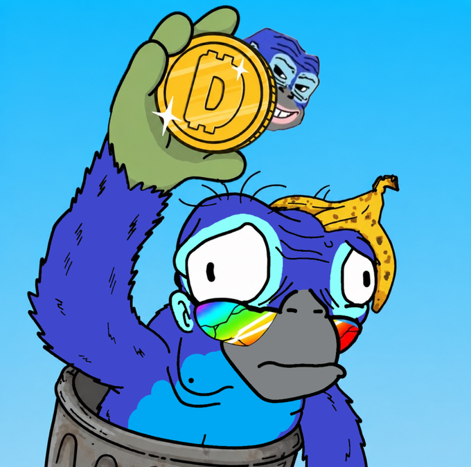 A cartoon blue gorilla wearing a banana peel hat and reflective sunglasses holds up a gold Dogecoin coin emblazoned with a "D" symbol, while a small purple ape peers from behind the coin against a bright blue background, illustrating the $DUMPSTR KONGZ giveaway promotion for RonkeVerse holders.