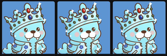 Three identical cartoon illustrations of a cute blue bear character wearing a jeweled crown and a blue robe with star emblems against a blue background.