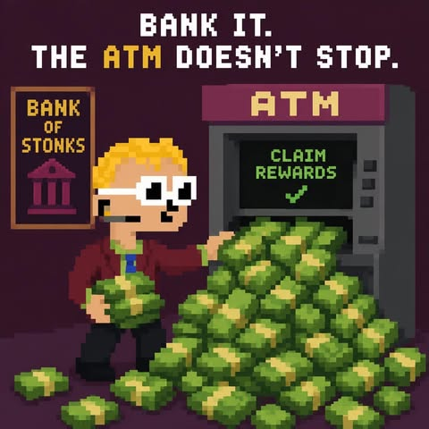 A pixel-art man in a suit stands beside a "BANK OF STONKS" sign, holding cash next to an ATM overflowing with stacks of green money, beneath the headline "BANK IT. THE ATM DOESN'T STOP." and a "CLAIM REWARDS" screen—visually reinforcing the post's pitch to lock crypto holdings for stablecoin liquidity.