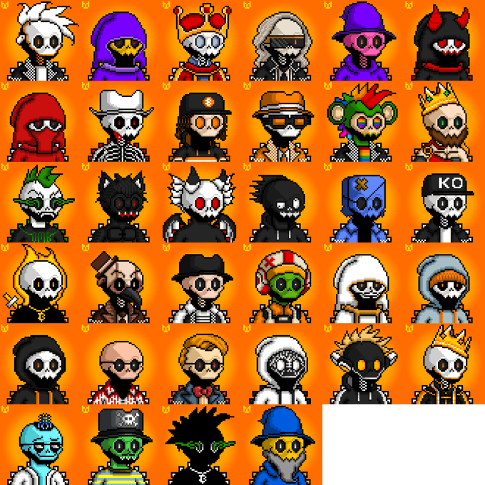 A grid of 35 small, colorful pixel-art characters, mostly skeletal or masked figures wearing various hats and outfits, arranged on an orange background with small bunny icons.