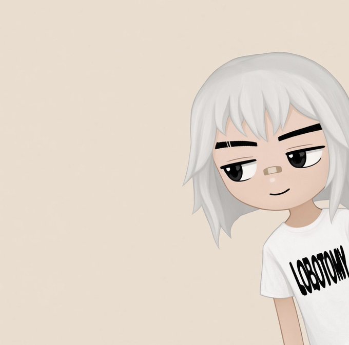 An anime-style character with messy white hair and dark eyebrows smiles slightly while wearing a white T-shirt that reads "LOBOTOMY".