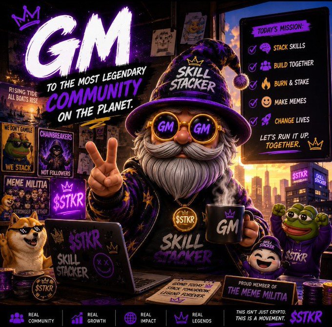 A vibrant, meme-style promotional poster featuring a wizard character labeled 'SKILL STACKER' and 'GM,' promoting a community with tags like 'REAL COMMUNITY,' '$STKR,' and 'THIS IS A MOVEMENT.'