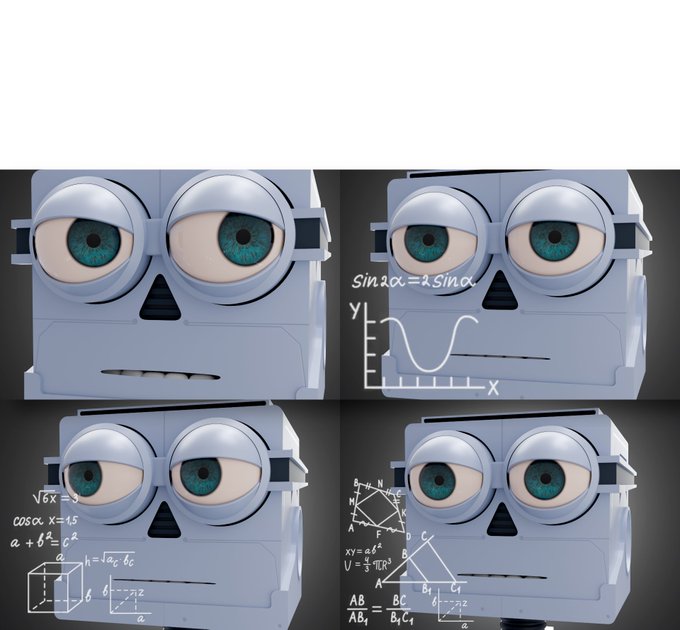 A four-panel image shows a robot with large expressive teal eyes, with the bottom three panels overlaid with various math equations and graphs.