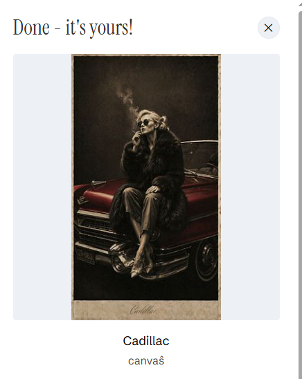 A digital art interface showing a completed piece titled 'Cadillac' - a canvas painting depicting a man with long hair smoking while sitting on a vintage red Cadillac, with 'Done - it's yours!' displayed at the top.