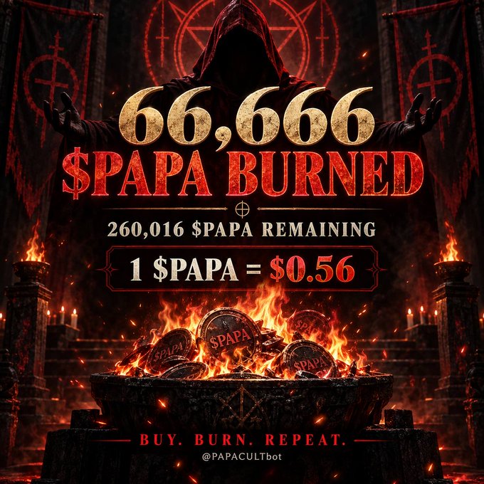 The image depicts a hooded figure over a fiery altar of burning $PAPA tokens, displaying "66,666 $PAPA BURNED" with "260,016 $PAPA REMAINING" and a price of "1 $PAPA = $0.56," along with the tagline "BUY. BURN. REPEAT." and handle "@PAPACULTbot." It visually reinforces the post's announcement of a token buyback and burn event, emphasizing the scarcity and ritualistic destruction of 66,666 $PAPA tokens.