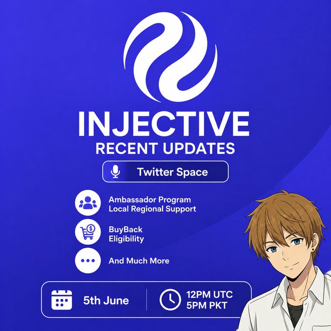 The image features a man standing next to a blue background, which has white text that reads "Injective Recent Updates". The man appears to be smiling at the camera, possibly posing for a promotional photo or event related to the Injective ecosystem. The image also includes a calendar with the date of 5th June and an event scheduled for 12PM - 5PM PT on Saturday, May 5th.